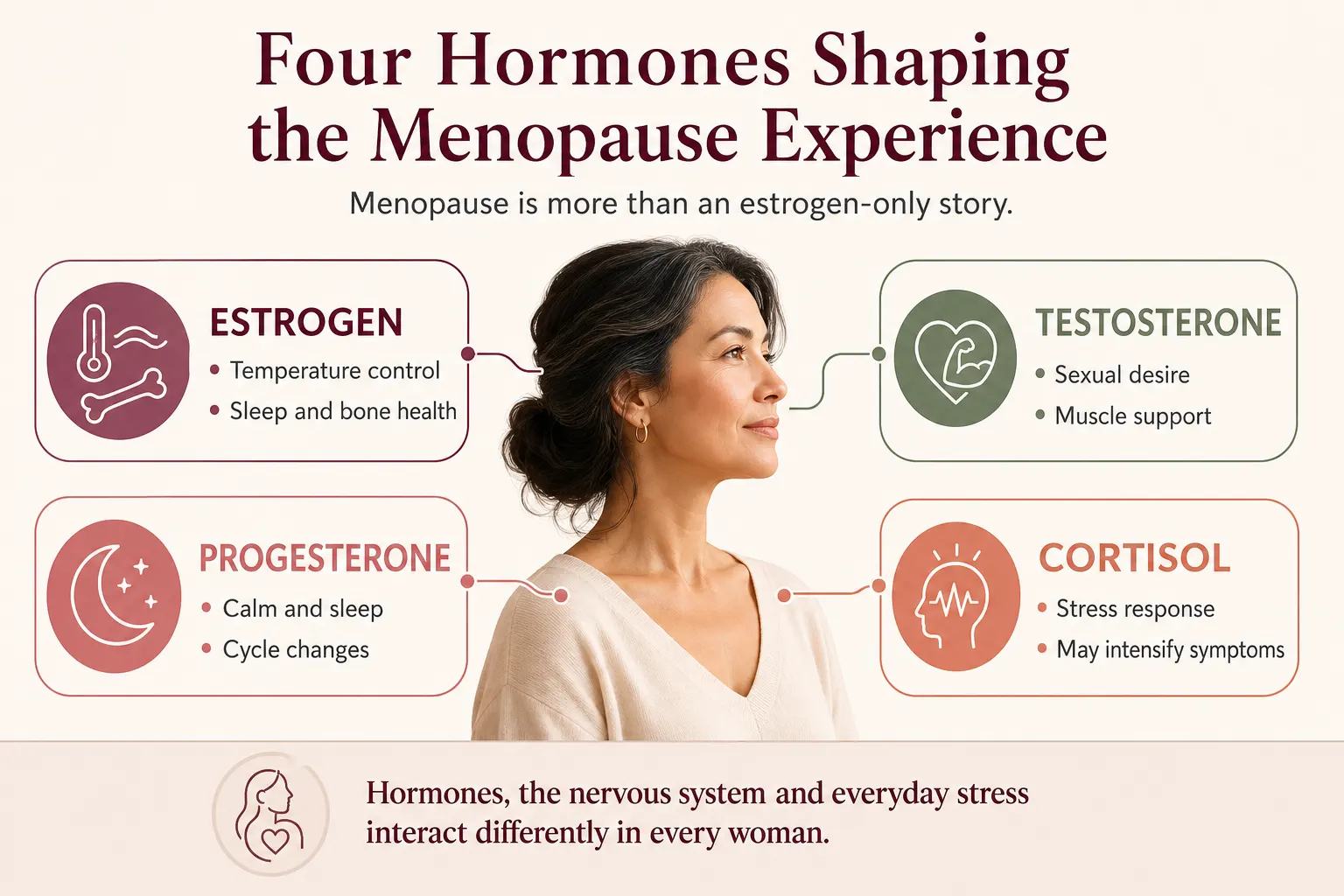 Four hormones affecting menopause symptoms: estrogen, progesterone, testosterone and cortisol.