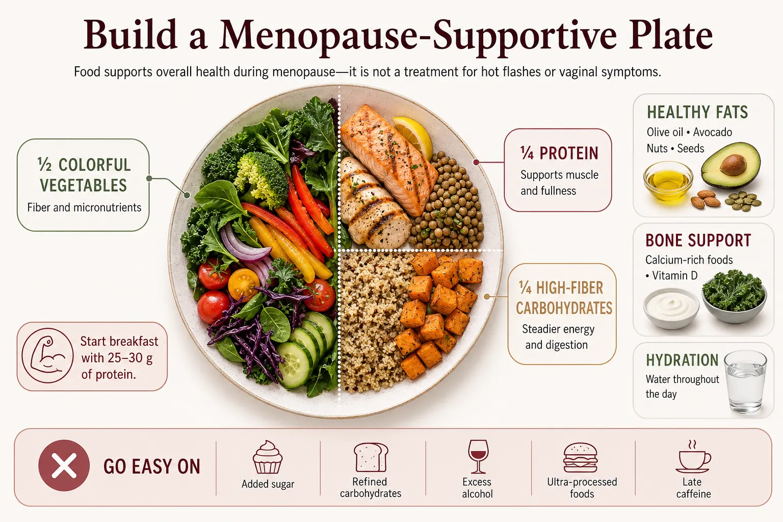 Menopause diet plate with protein, vegetables, high-fiber carbohydrates, healthy fats and calcium-rich foods.