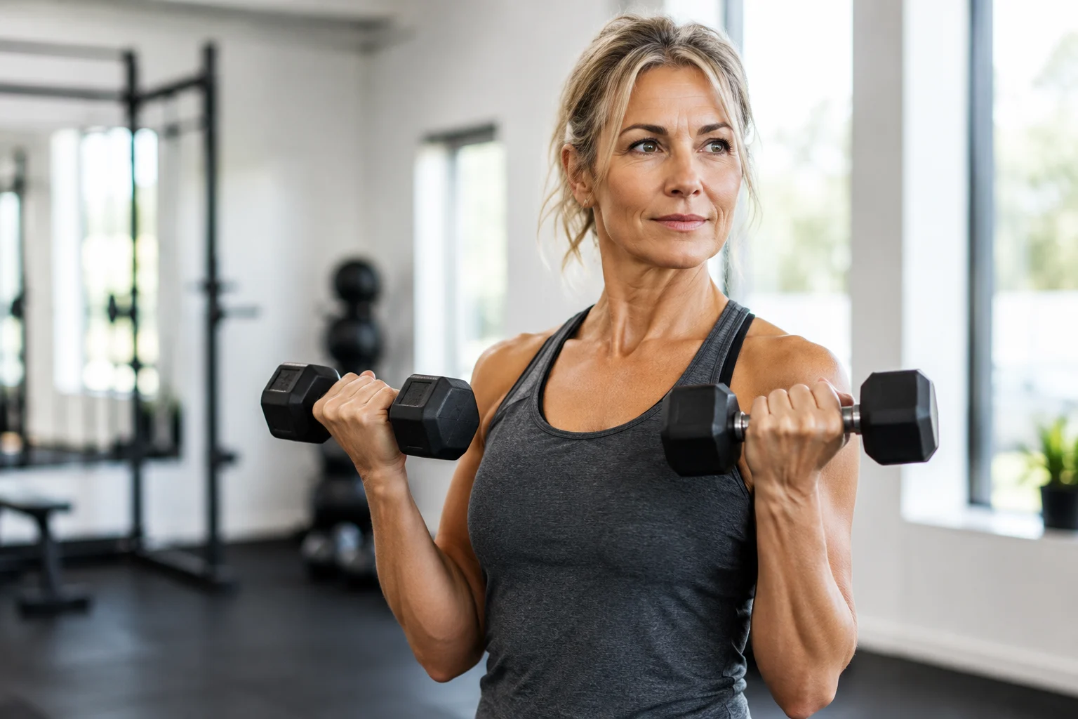 Woman in her 50s performing resistance training with dumbbells to support muscle strength, bone health, and healthy menopause.