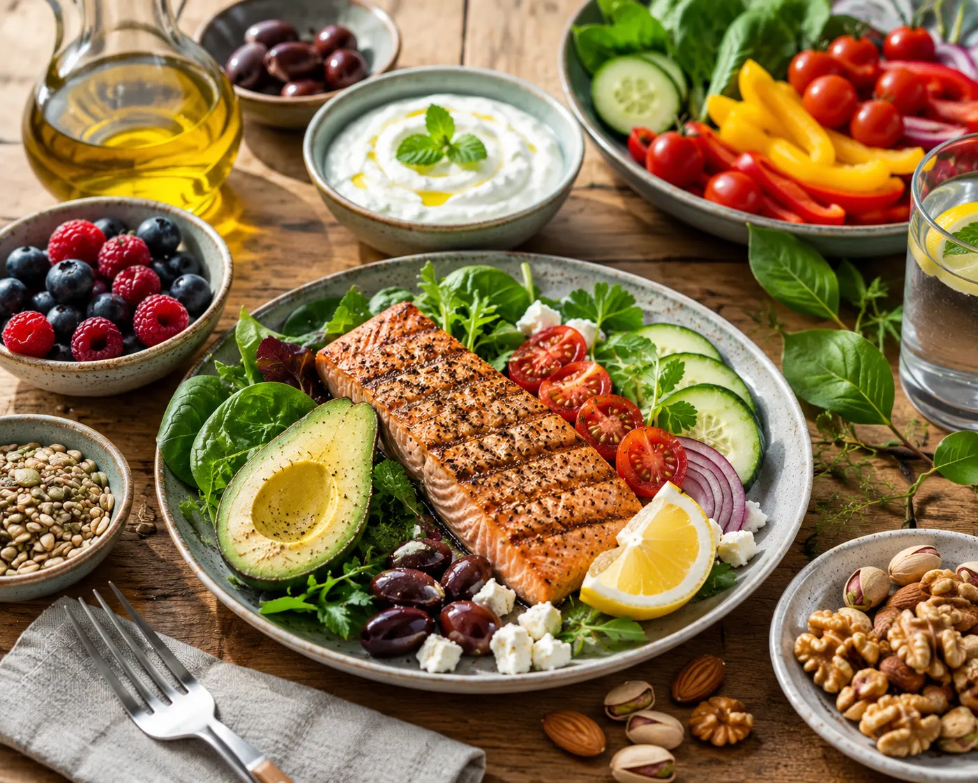 Mediterranean-style meal with grilled salmon, leafy greens, avocado, olive oil, yogurt, berries, nuts, and seeds supporting healthy nutrition during menopause.