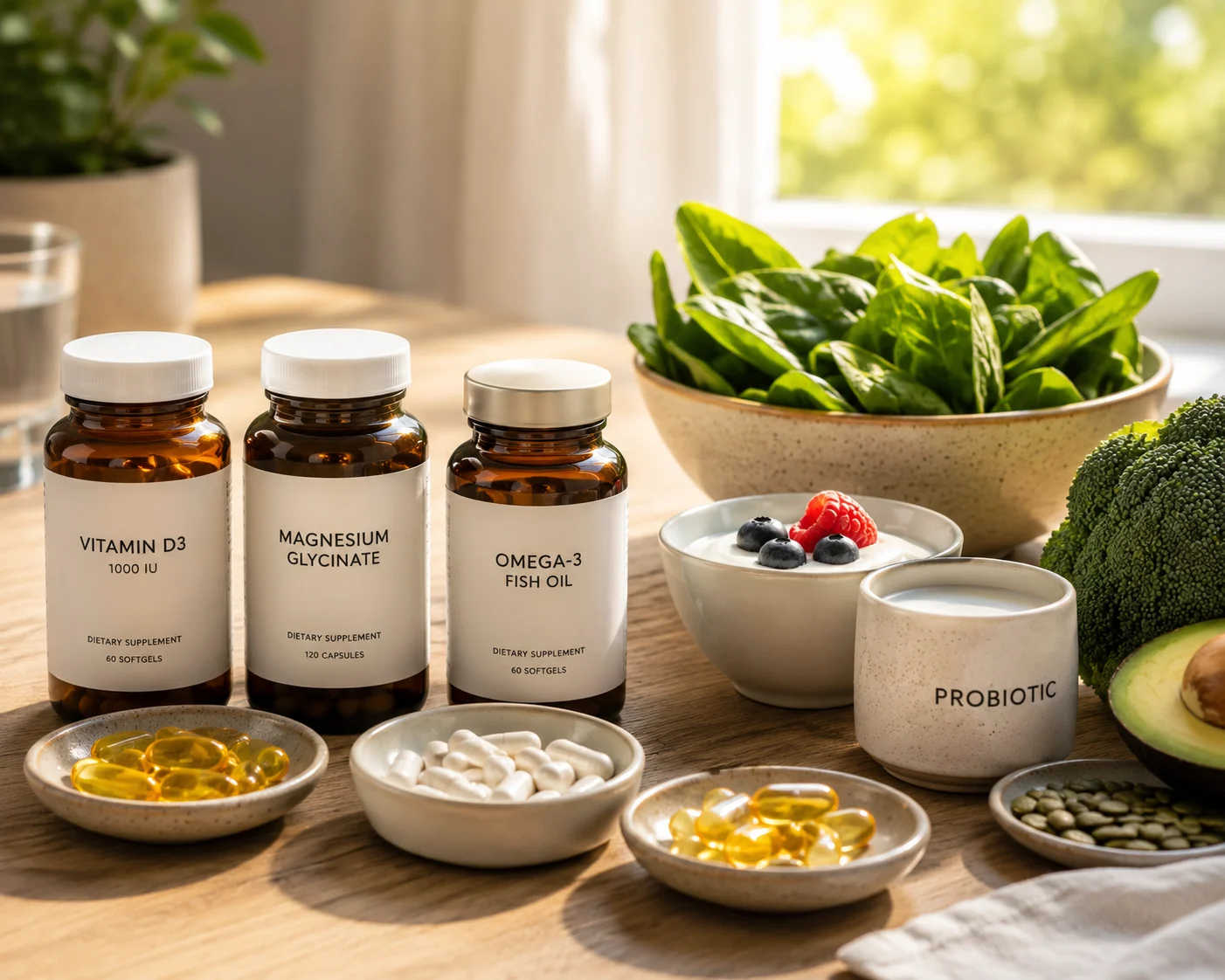 Evidence-based menopause supplements including vitamin D, magnesium glycinate, omega-3, probiotic yogurt, and nutrient-rich foods supporting healthy menopause care.