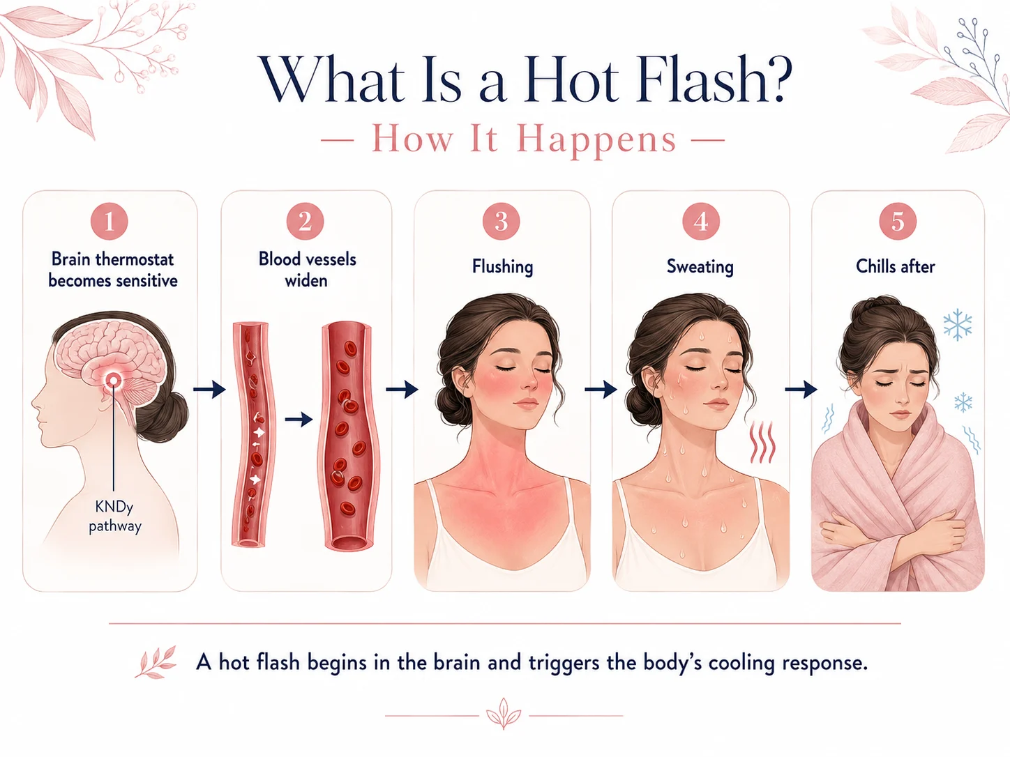 Infographic showing how a hot flash begins in the brain’s temperature-control center, widens blood vessels, causes flushing and sweating, and may end with chills.