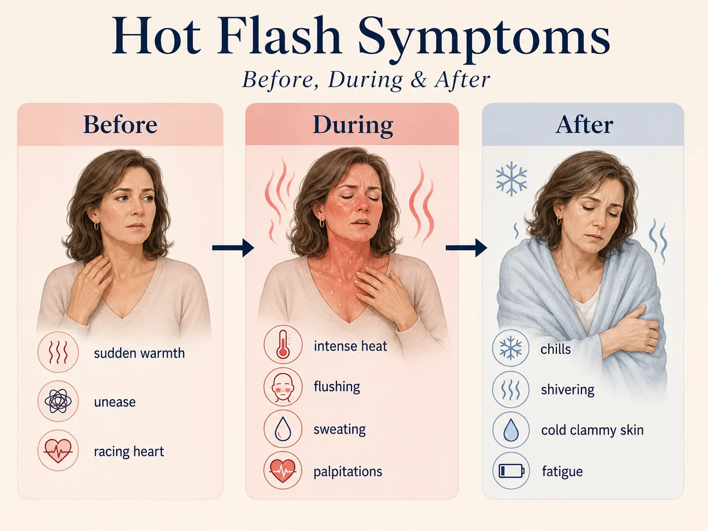Infographic showing hot flash symptoms including sudden warmth, flushing, sweating, heart palpitations, chills, and fatigue.