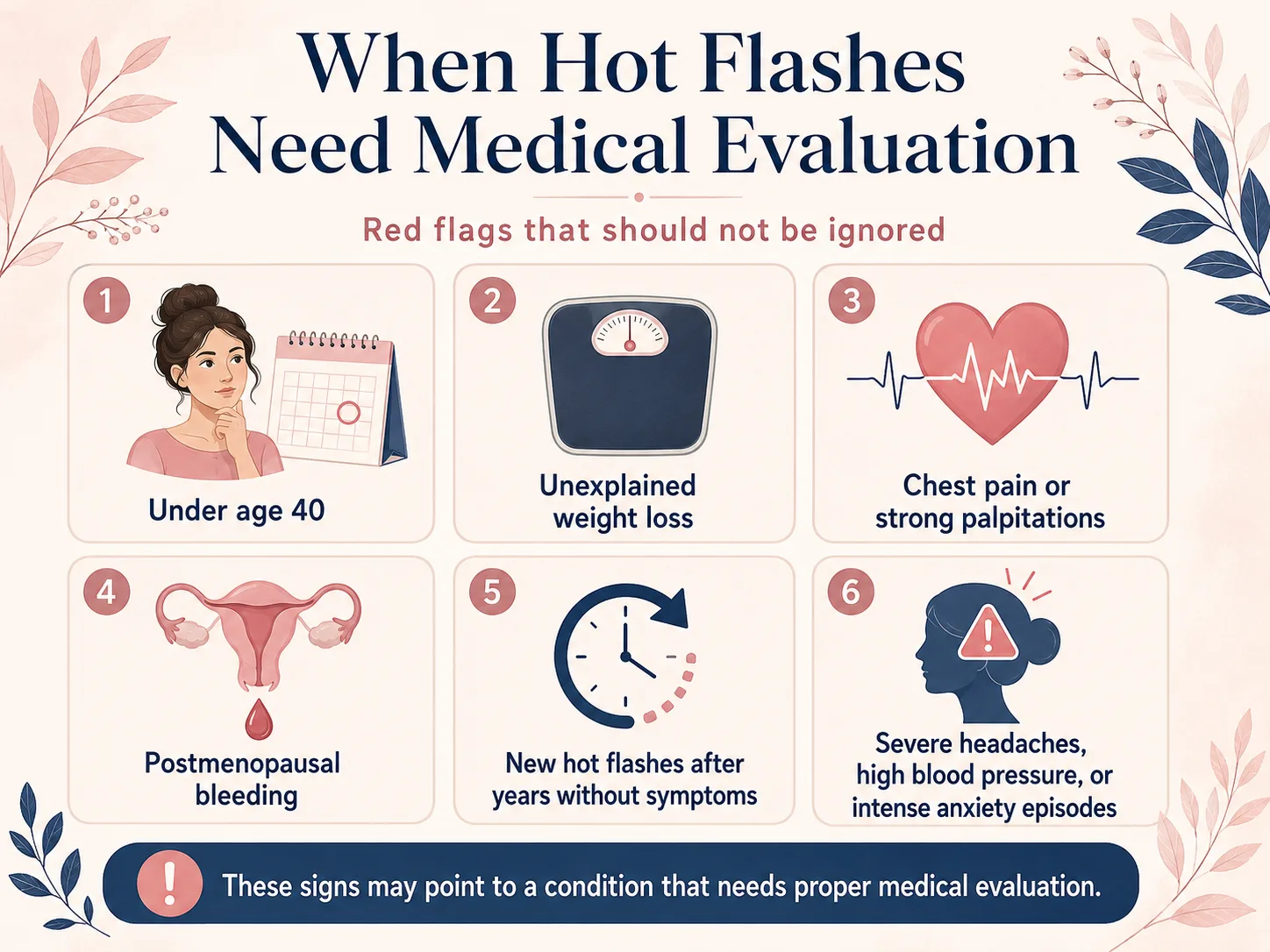 Infographic showing hot flash red flags including symptoms under age 40, unexplained weight loss, chest pain or strong palpitations, postmenopausal bleeding, and new symptoms after years without hot flashes.