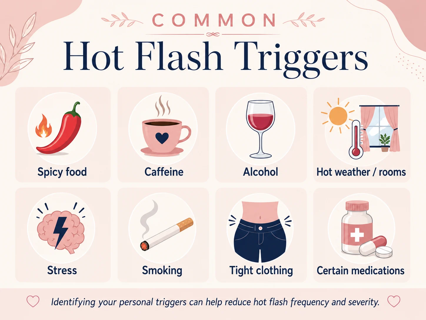 Infographic showing common hot flash triggers including spicy food, caffeine, alcohol, hot weather, stress, smoking, tight clothing, and certain medications.