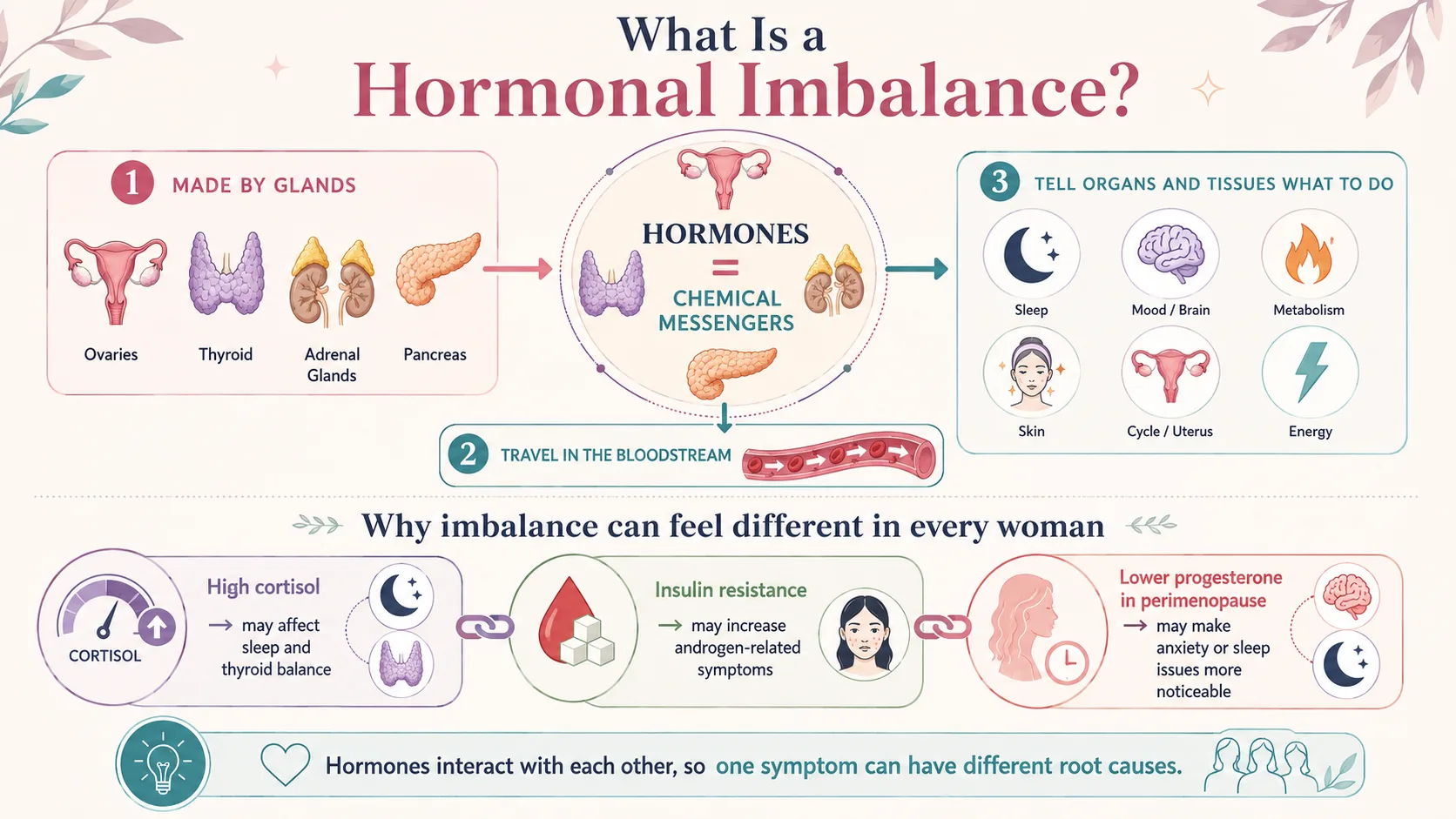 Infographic explaining hormones as chemical messengers made by the ovaries, thyroid, adrenal glands, and pancreas that travel through the bloodstream and influence sleep, mood, metabolism, skin, menstrual cycles, and energy