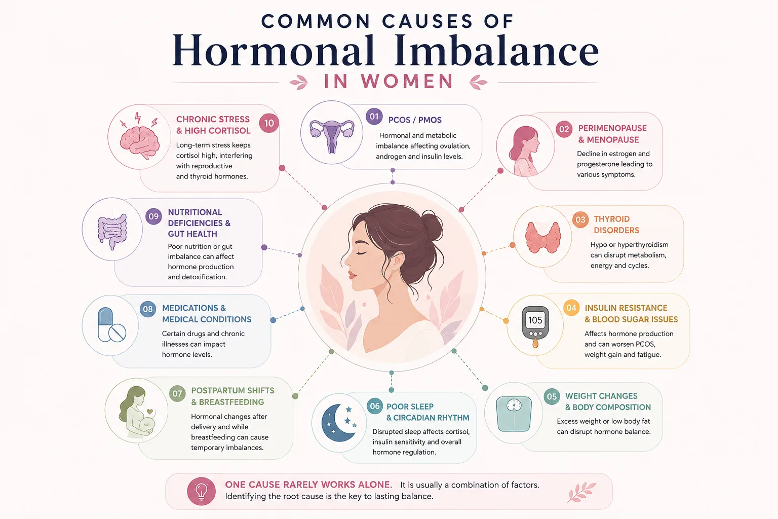 Infographic showing common causes of hormonal imbalance in women, including PCOS or PMOS, perimenopause, thyroid disorders, insulin resistance, chronic stress, poor sleep, weight changes, postpartum shifts, medications, and nutritional or gut health factors.