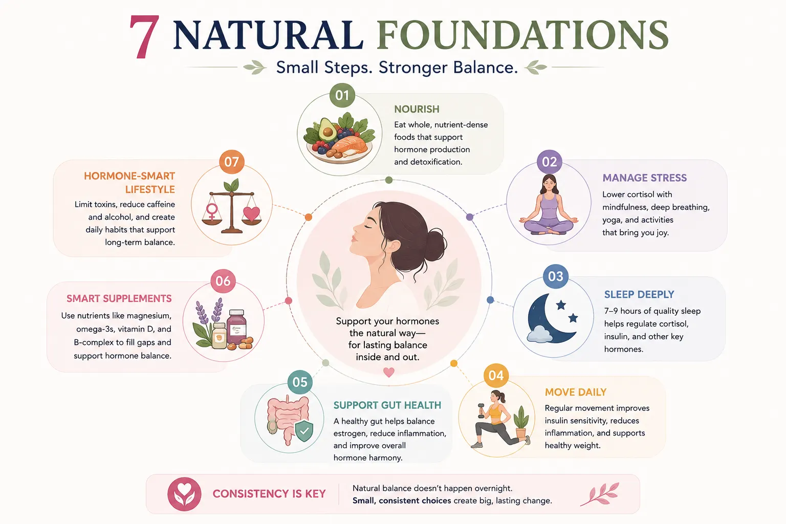 Infographic showing seven natural foundations for hormone health, including nutrient-dense foods, stress management, quality sleep, regular movement, gut health support, appropriate supplements, and hormone-supportive lifestyle habits.