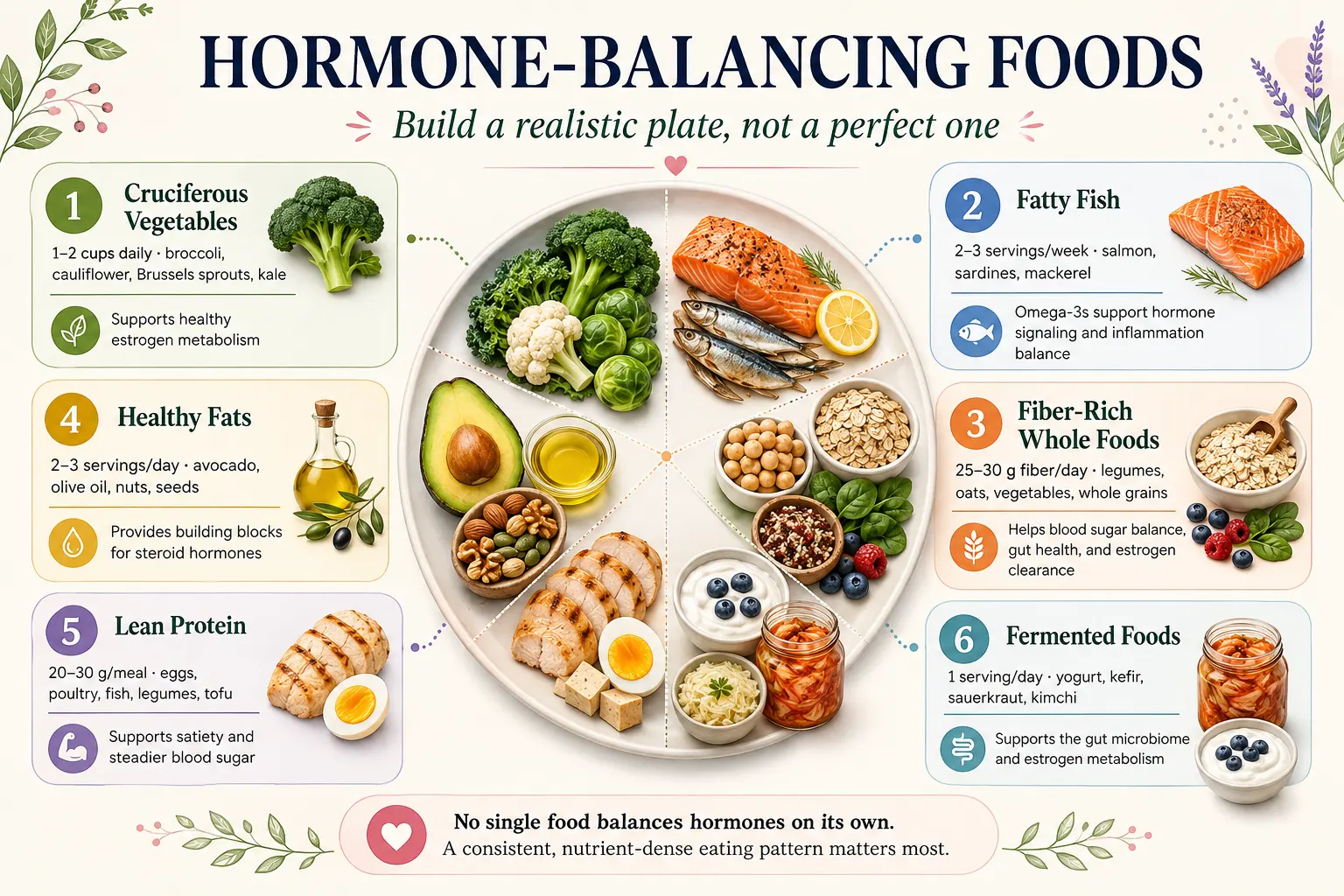 Hormone-balancing foods infographic featuring cruciferous vegetables, fatty fish, fiber-rich whole foods, healthy fats, lean protein, and fermented foods with suggested serving amounts and their roles in blood sugar, gut, and hormone health.