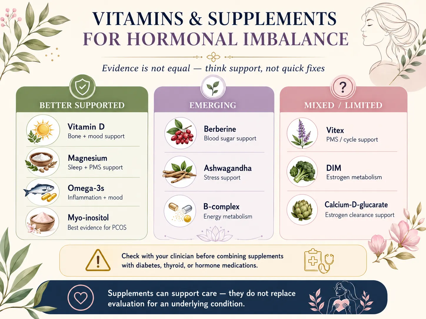 Infographic comparing vitamins and supplements for hormonal imbalance by evidence level, including vitamin D, magnesium, omega-3s, myo-inositol, berberine, ashwagandha, B-complex vitamins, Vitex, DIM, and calcium-D-glucarate.