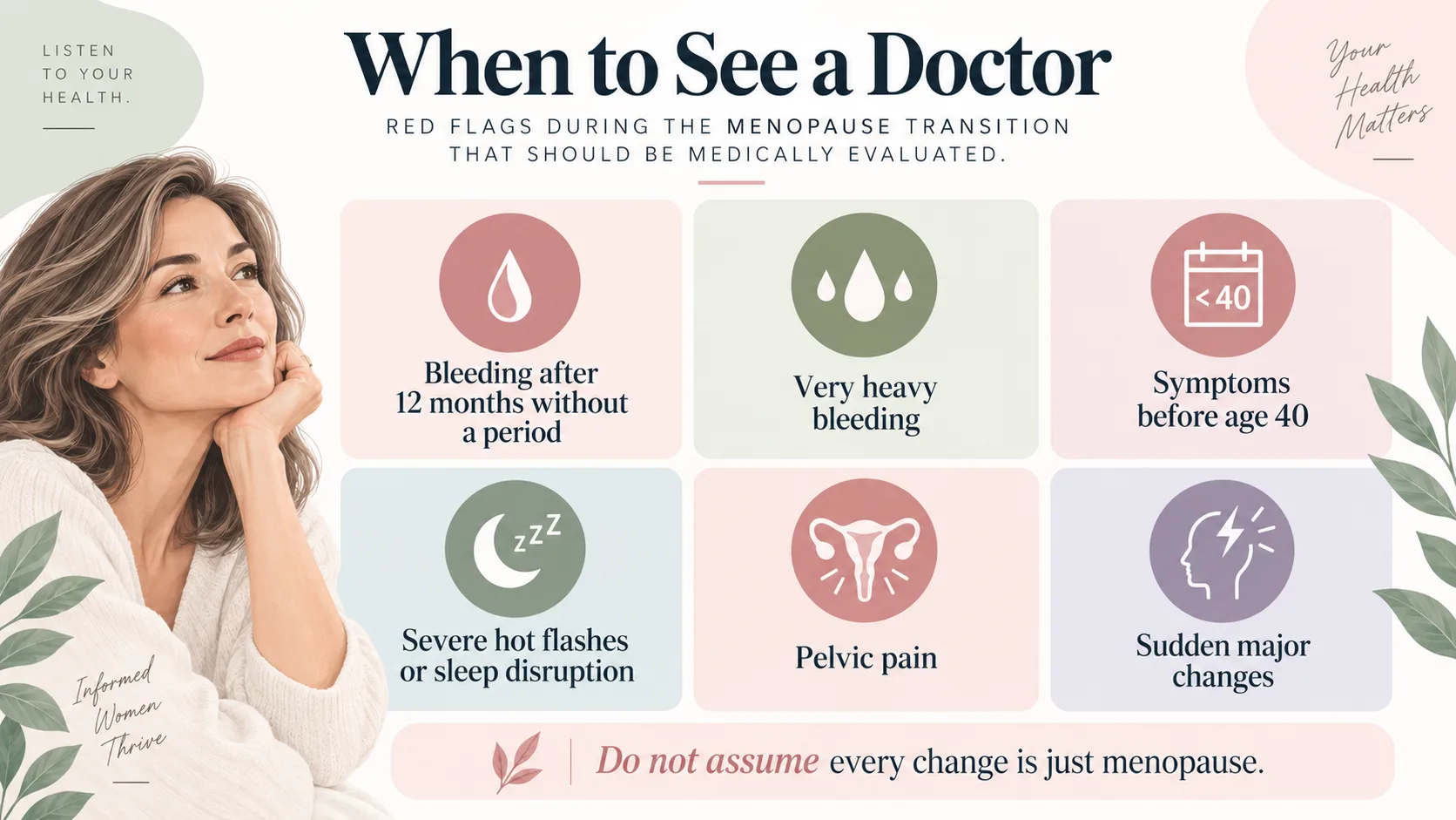 Menopause red flags including postmenopausal bleeding, very heavy bleeding, symptoms before age 40, severe hot flashes, pelvic pain and sudden changes