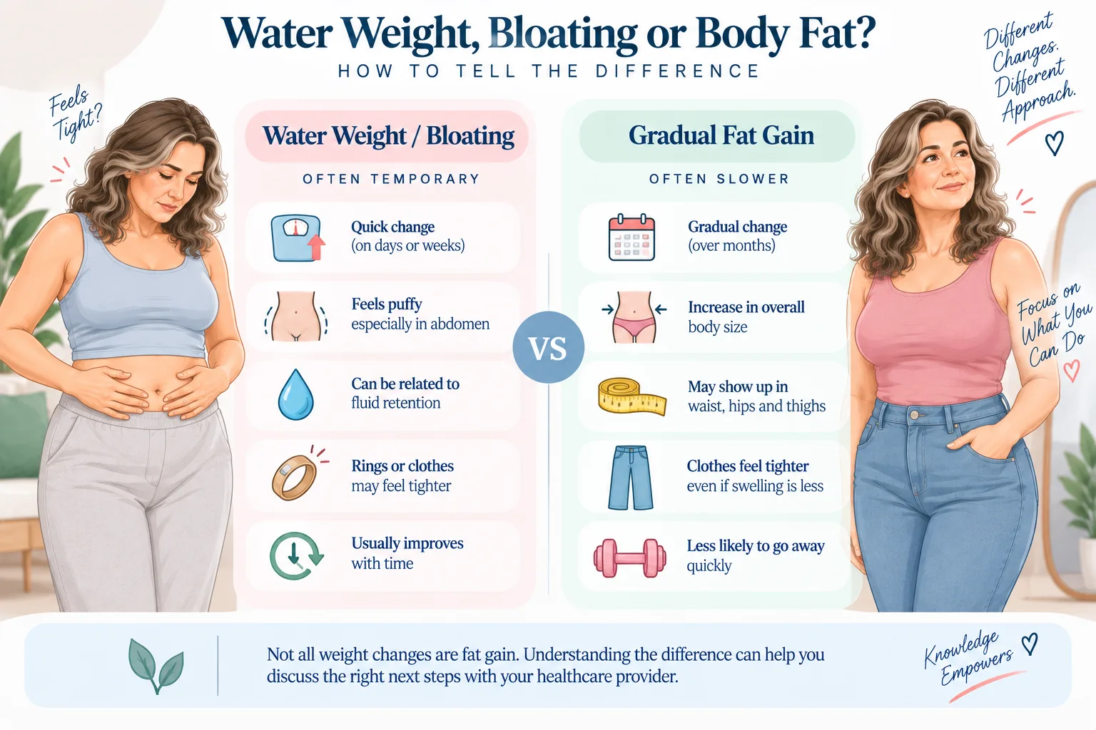 Water weight and bloating versus gradual body-fat gain during menopause, showing differences in timing and symptoms.