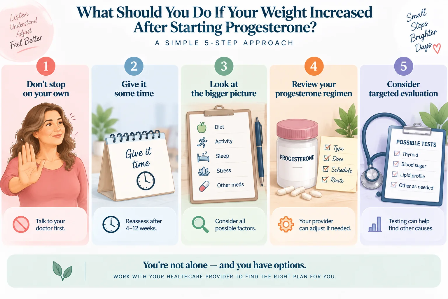 Five steps to review weight gain after starting progesterone, including symptoms, treatment schedule and targeted medical evaluation.