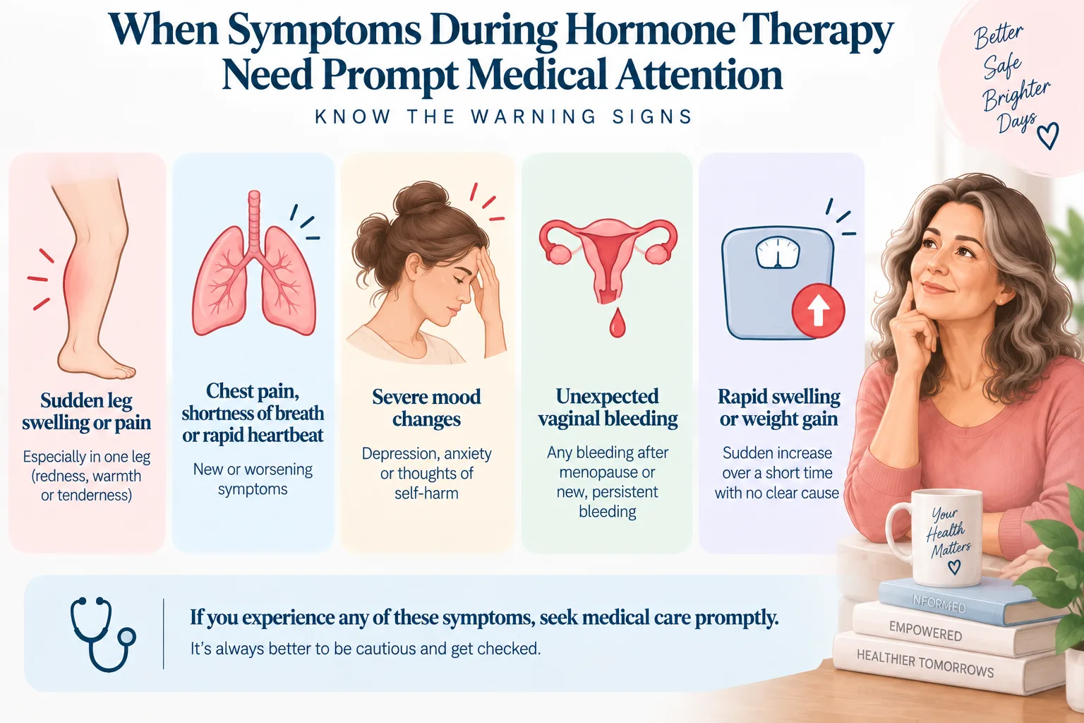 Hormone therapy warning signs including one-sided leg swelling, chest pain, breathing difficulty, severe mood changes and unexpected bleeding.