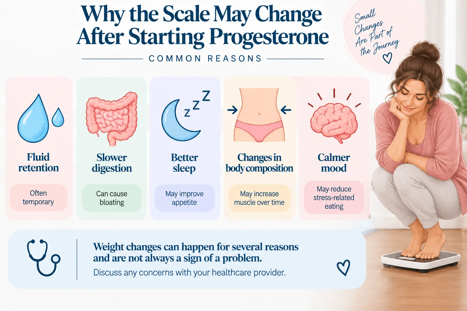 Reasons weight may change after starting progesterone, including fluid retention, bloating, digestion, sleep and activity changes.