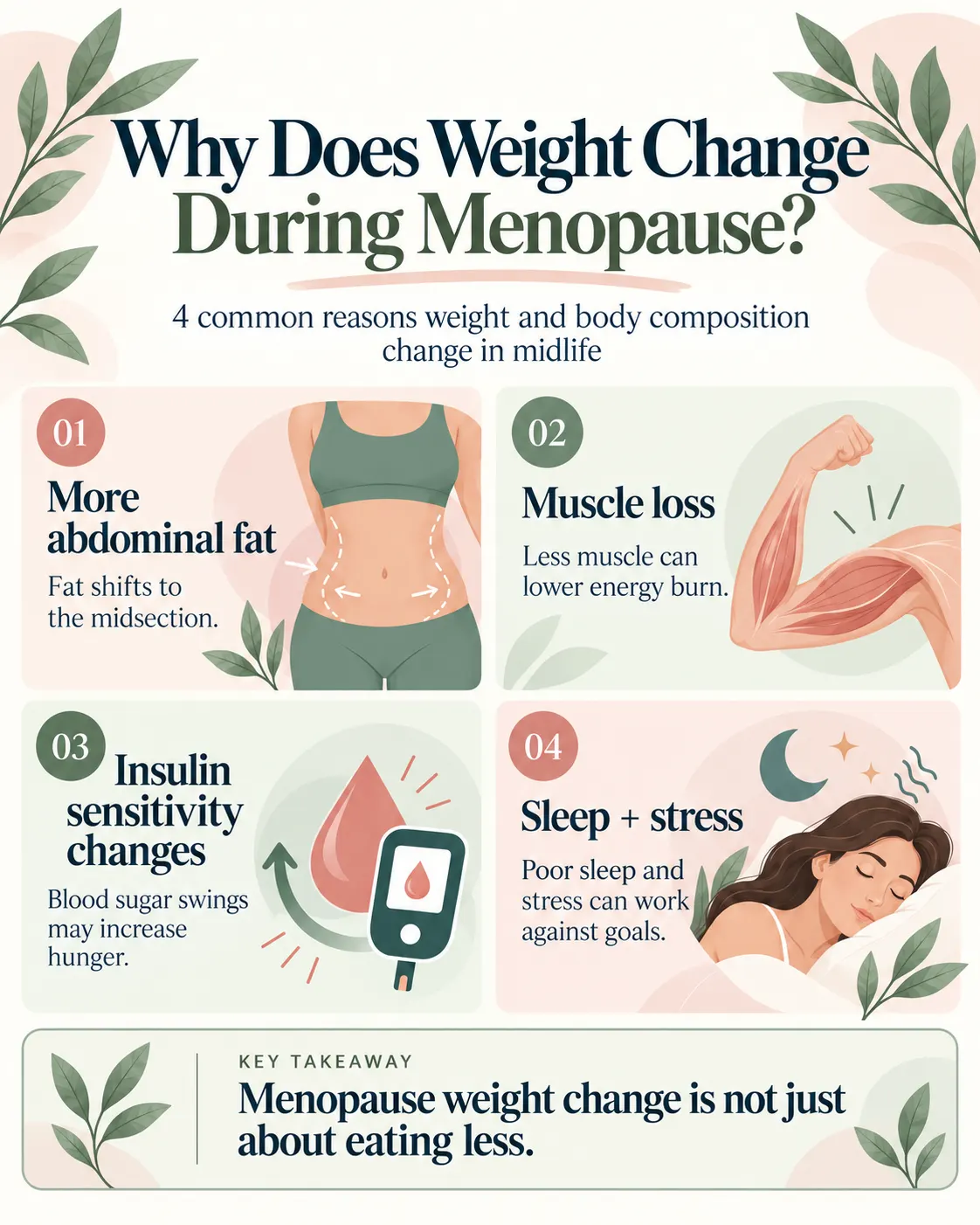 Infographic showing four reasons weight changes during menopause: increased abdominal fat, muscle loss, insulin sensitivity changes, and disrupted sleep and stress.