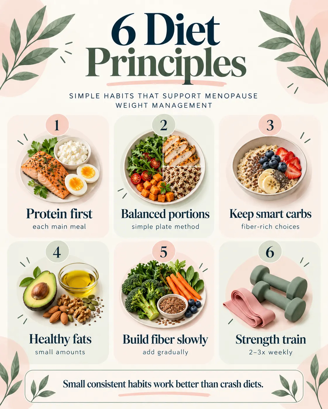 Six menopause diet principles illustrated with foods and exercise: prioritize protein, balance portions, choose fiber-rich carbs, include healthy fats, increase fiber gradually, and strength train.