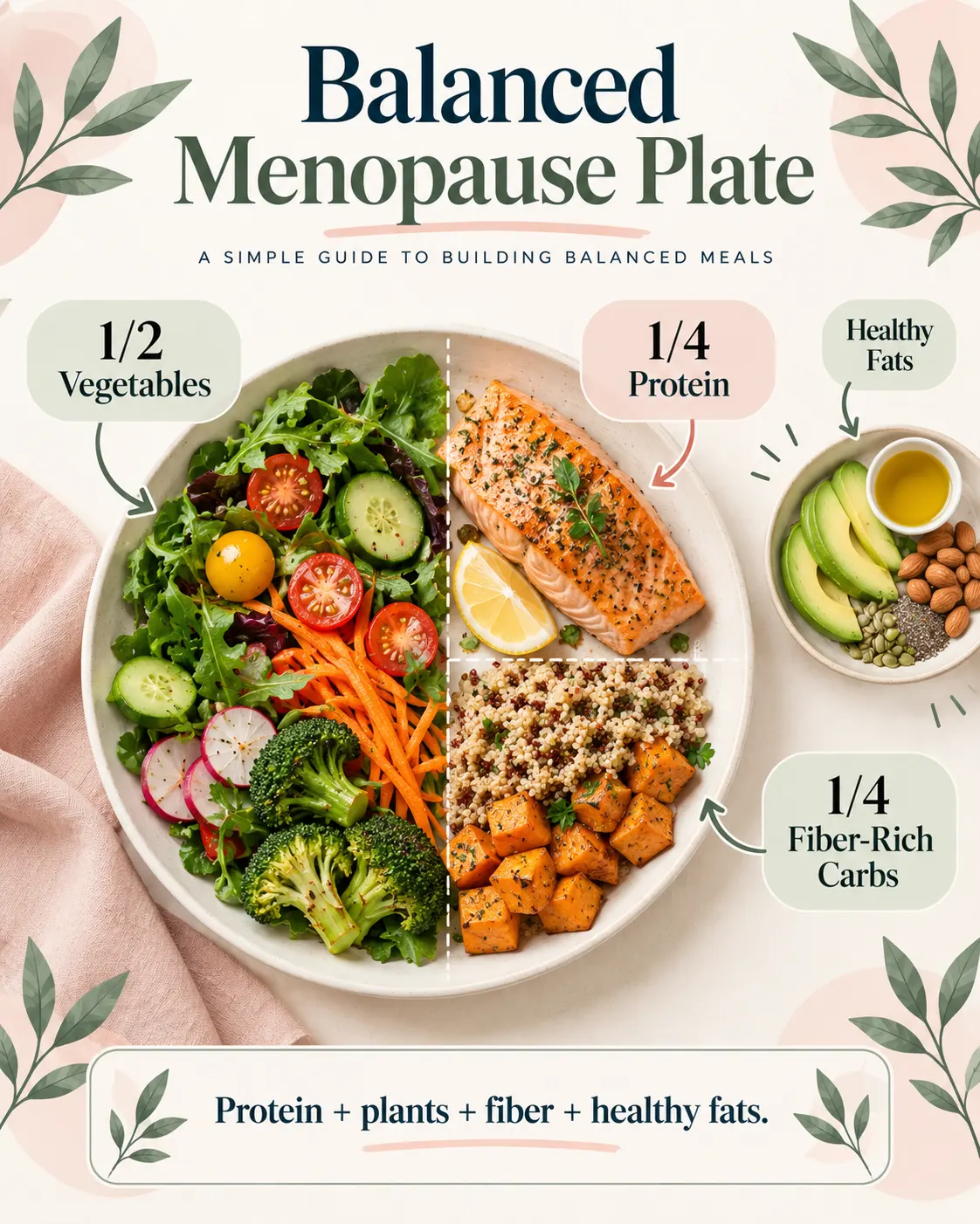 Balanced menopause diet plate showing half vegetables, one-quarter salmon for protein, one-quarter fiber-rich carbohydrates, and healthy fats from avocado, nuts, and olive oil.
