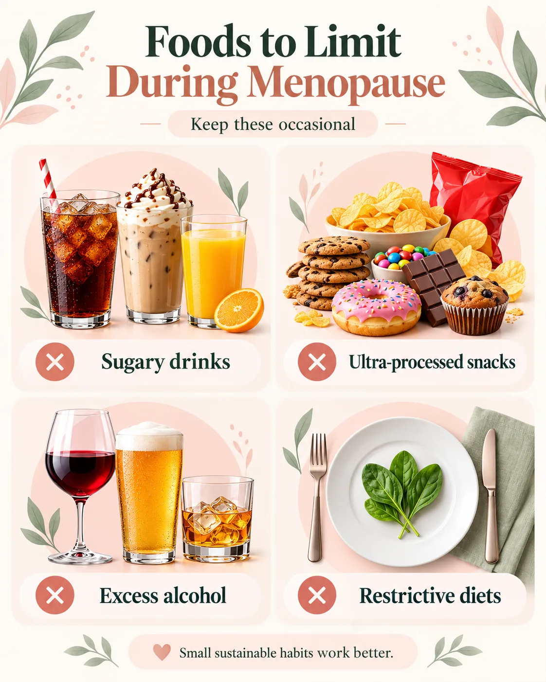 Infographic illustrating foods and eating patterns to limit during menopause, including sugary drinks, ultra-processed snacks, excess alcohol, and highly restrictive diets.