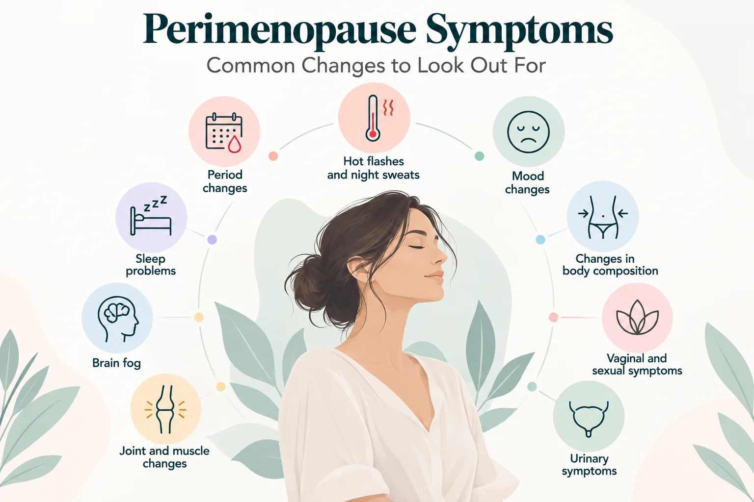 Perimenopause symptoms infographic illustrating irregular periods, hot flashes, night sweats, mood changes, brain fog, urinary symptoms, and joint pain.